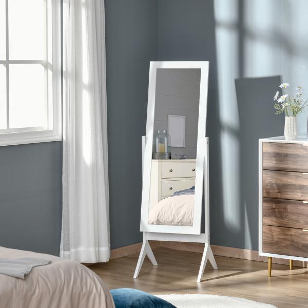 Espelho de maquilhagem de pé reclinável nórdico para quarto sala moldura de madeira 47x46x148 cm branco