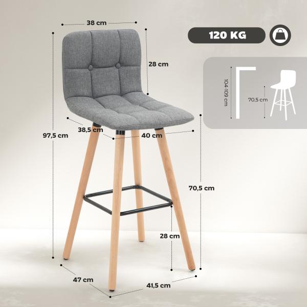 Conjunto de 2 Bancos de Bar Bancos Altos de Cozinha com Encosto Apoio para Pés Estilo Moderno 41,5x47x97,5 cm Cinzento