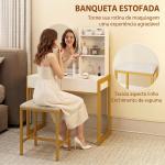 Toucador de Maquilhagem com Espelho e Banco Acolchoado Estação de Carregamento 2 Gavetas 3 Prateleiras para Quarto Branco