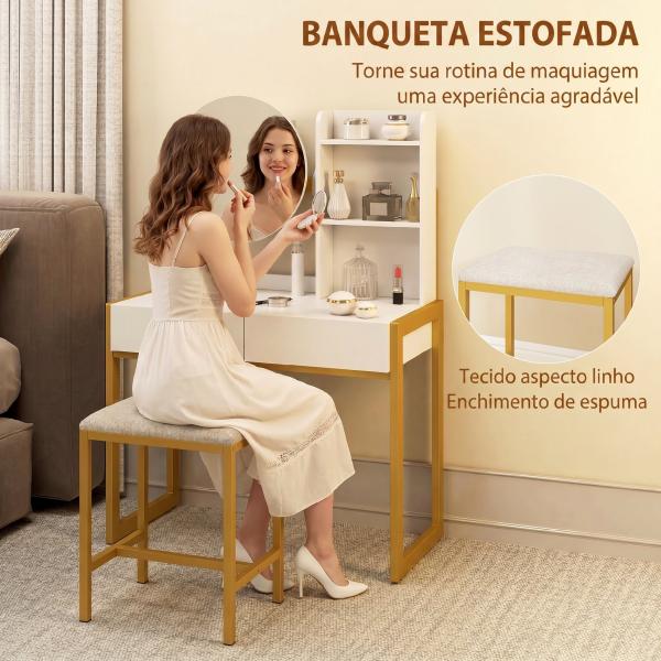 Toucador de Maquilhagem com Espelho e Banco Acolchoado Estação de Carregamento 2 Gavetas 3 Prateleiras para Quarto Branco