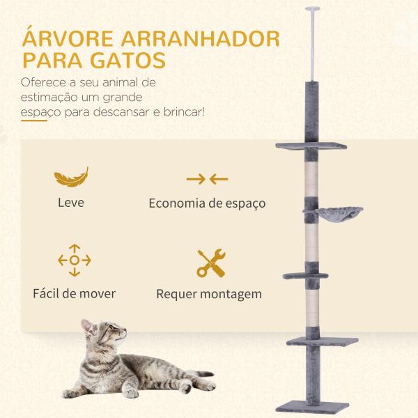Árvore Arranhadora para Gatos Arranhador para Fixar ao Teto Altura Ajustável com Plataformas Poste de Sisal 40x34x230 - 260cm Cinza