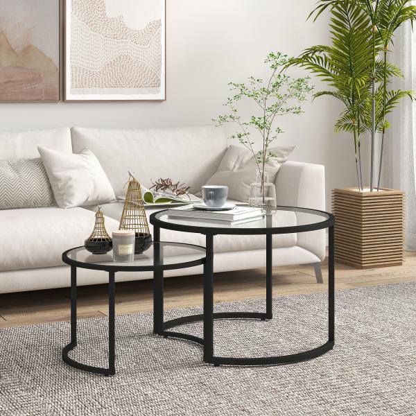Conjunto de 2 Mesas de Apoio Redondas Bancada de Vidro Temperado e Estrutura de Aço Grande 70 cm Pequena 54 cm Preto e Transparente