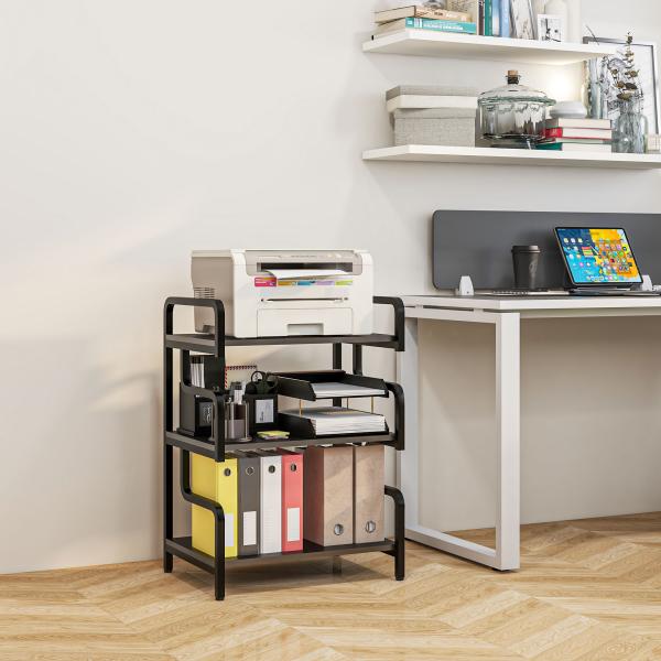 Suporte para Impressora de 3 Níveis com Estrutura em Aço, Estante de Arrumação para Escritório e Casa, 55x40x77 cm, Preto