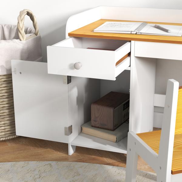 Conjunto de Secretária e Cadeira para Crianças Conjunto Infantil de 2 Peças com Gaveta e Armário para Quarto Branco e Natural
