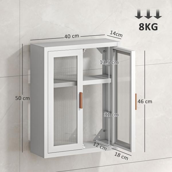Armário de Casa de Banho de Parede com Portas de Acrílico Prateleira Ajustável Fecho Magnético 40x14x50 cm Branco