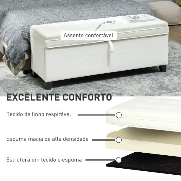 Banco de Armazenamento com 2 Dobradiças de Segurança Tampa Rebatível para Sala de Estar Quarto 120x40x48 cm Creme