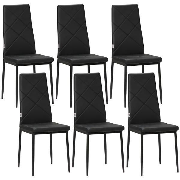 Conjunto de 6 Cadeiras de Sala de Jantar Estofadas em Couro Sintético com Encosto Alto e Pés de Aço 41x50x97cm Preto