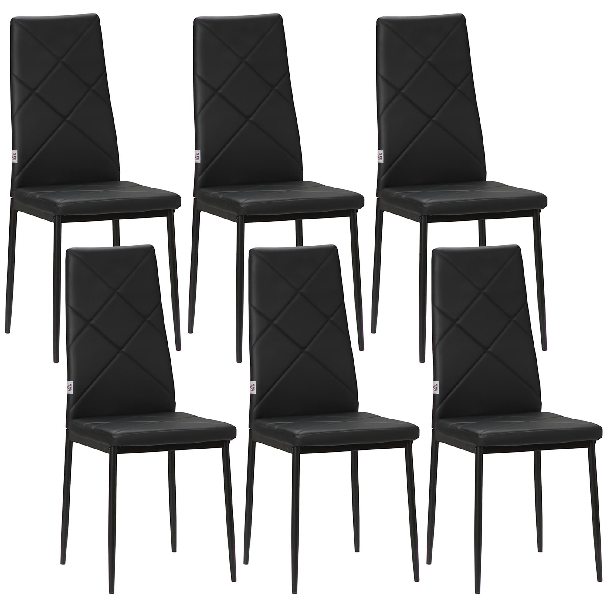 Conjunto de 6 Cadeiras de Sala de Jantar Estofadas em Couro Sintético com Encosto Alto e Pés de Aço 41x50x97cm Preto