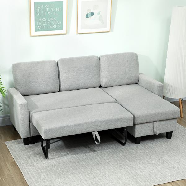 Sofá - Cama Chaise Longue de 3 Lugares Chaise Longue Reversível Ambos Lados com Armazenamento com Capas Removíveis 197x129x85 cm Cinza