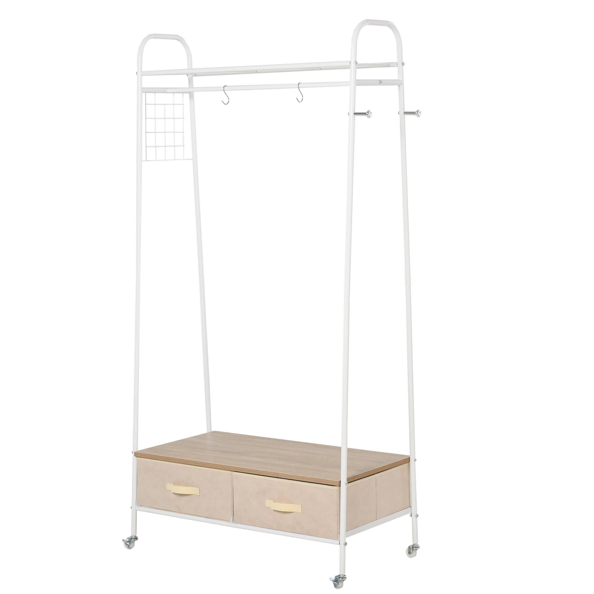 Suporte para Cabides de Metálico Cabideiro com Rodas Prateleira e 2 Gavetas para Organizar Roupas Bolsos 99x47x185cm Branco