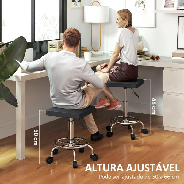 Banco Giratório com Rodas Altura Regulável 50 - 66 cm Assento Estofado em Imitação de Couro 34x34x50 - 66 cm Preto