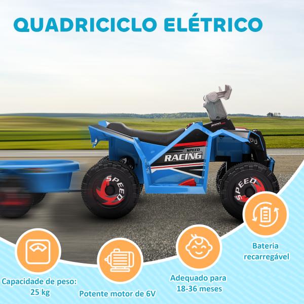 Quadriciclo Elétrico para Crianças com Reboque Bateria 6V de 18 - 36 Meses com Velocidade 2,5 km/h 106x41,5x48,5 cm Azul