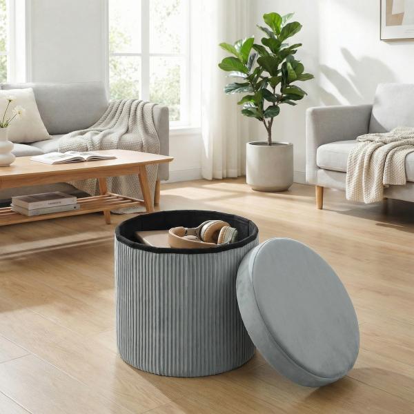 Puff de Arrumação Banco de Arrumação Dobrável 35 L 38x38x38 cm Estofado em Veludo Baú de Arrumação Cinzento Escuro