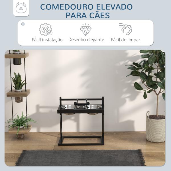 Comedouro Elevado para Cães com 2 Tigelas Altura Ajustável e 1 Peça de Metal com Formato de Osso 40,5x22x39 cm Preto