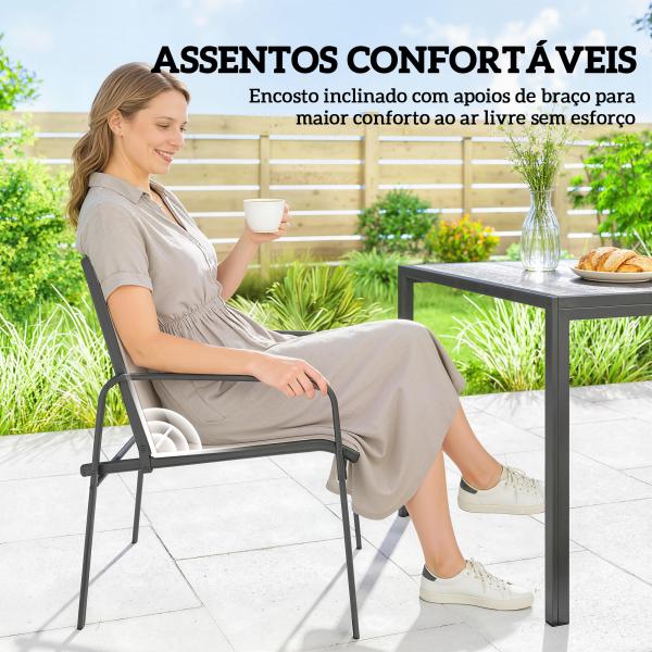 Conjunto de Mesa e Cadeiras de Jardim de 7 Peças com Mesa com Efeito Madeira e 6 Cadeiras com Assento Respirável Caqui