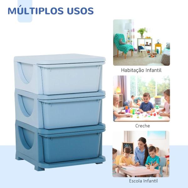 Organizador de Brinquedos Infantil para crianças acima de 3 anos com 3 Gavetas e Alças amplo espaço de armazenamento para Roupas Livros brinquedos 37x37x56,5 cm Azul