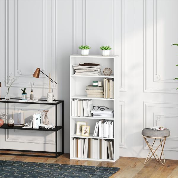 Estante de 5 Níveis Estante para Livros com 2 Prateleiras Ajustáveis para Sala de Estar Escritório Quarto 60x24x133,5 cm Branco