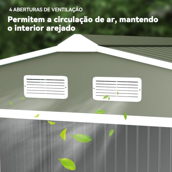 Abrigo de Jardim 4,83m² 277x195x192cm Abrigo Metálico para Armazenamento de Ferramentas com Base de Reforço Incluída Verde Claro
