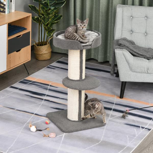 Arranhador para Gatos Altura 91 cm de 3 Níveis com Ninho Plataforma e Poste de Sisal 45x45x91 cm Cinza