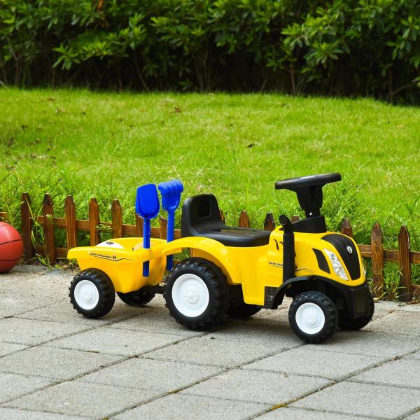 Trator para Crianças de 12 - 36 Meses com Reboque Removível Carro Andador com Buzina Farol Pá e Ancinho Carga 25kg 91x29x44cm Amarelo