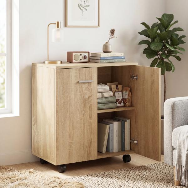 Aparador de Sala com Rodas 2 Portas e Prateleiras para Sala de Estar Quarto Escritório 60x35x65 cm Madeira