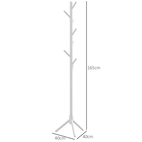 Cabide de Pé de Madeira com 8 Ganchos para Pendurar Roupa e Bolsas para Corredor Entrada 40x40x165 cm Branco