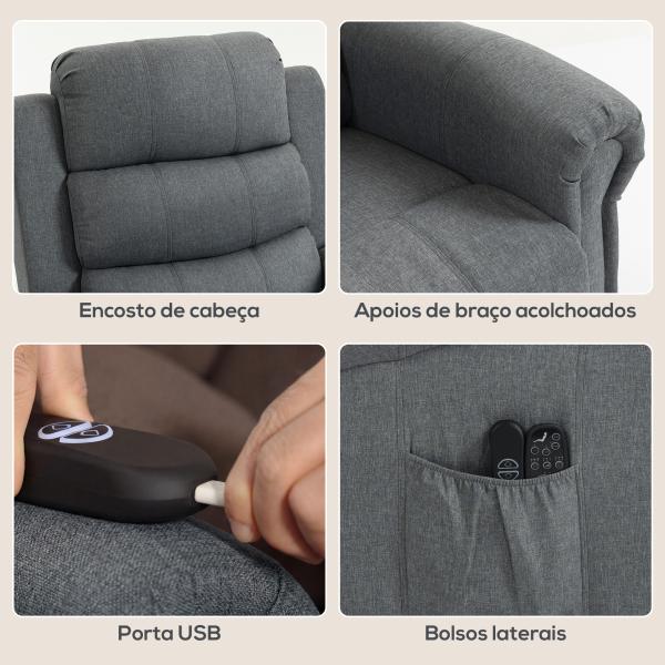 Poltrona Relax Reclinável Elétrica Elevatória com Massagem Vibratória e Calor, Comando à Distância, Cinzento