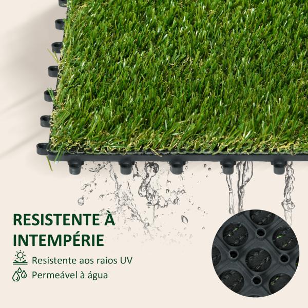 Relva Artificial de 10 Peças Estrado de Relva Sintética 30x30 cm Altura 20 mm Resistente aos Raios UV Verde Escuro