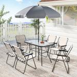 Conjunto de Mesa e Cadeiras de Jardim de 8 Peças com Chapéu de Sol 6 Cadeiras Dobráveis e Mesa de Vidro Creme e Cinza