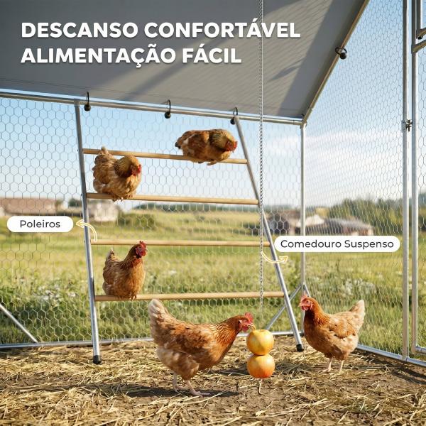 Galinheiro para Exterior 3x2 m Galinheiro de Aço Galvanizado com Comedouro Suspenso Tipo Espeto Poleiro Anti - UV Prata