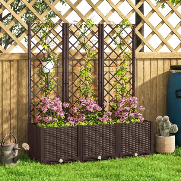 Floreira com Treliça de PP com Drenagem e Amplo Espaço para Plantas Trepadoras Vaso com Suporte para Jardim 120x40x135 cm Marrom
