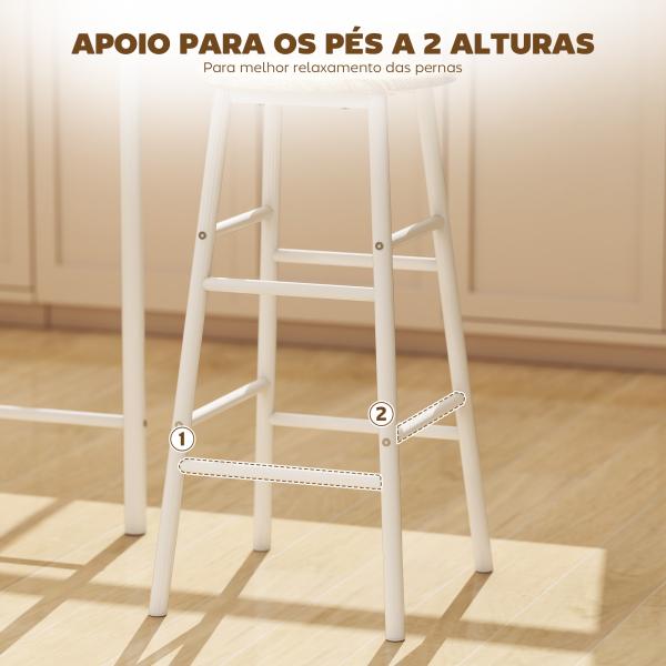 Conjunto de Móvel Bar com Mesa Alta e 2 Bancos com Prateleira de Armazenamento e Estrutura de Metal 80x50x90cm Branco e Madeira