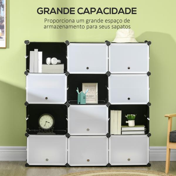 Armário Modular de Plástico Armário com 12 Cubos Organizadores de Sapatos Roupas Brinquedos 125x32x125cm Branco e Preto