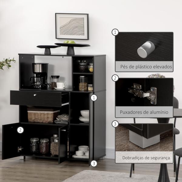 Aparador Auxiliar para Microondas Buffet de Cozinha com 2 Armários com Portas 1 Gaveta e Prateleiras 90x40x120 cm Preto