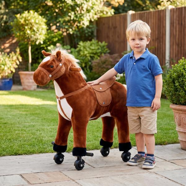 Cavalo de Brinquedo para Crianças de +3 Anos com Rodas Sons e Estrutura de Metal Carga 60kg 65x28x75 cm Castanho