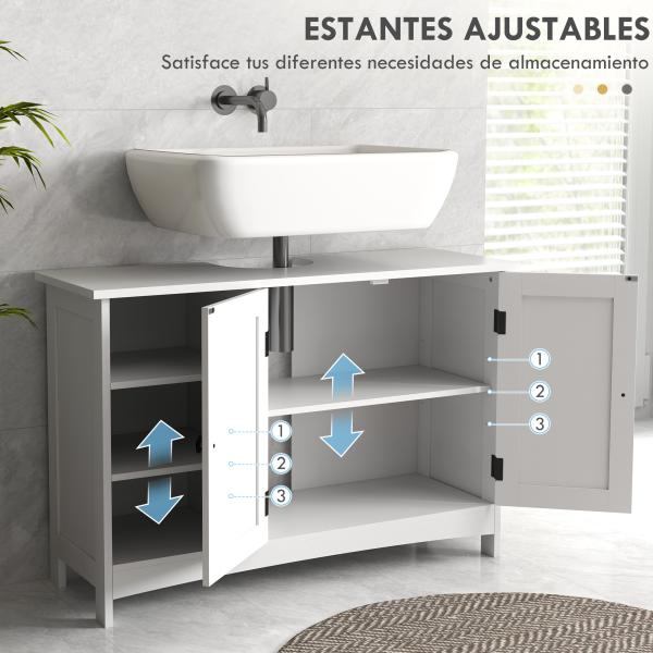 Móvel para Lavatório Pousar de Madeira com 1 Armário 3 Prateleiras Abertas e Prateleira Ajustável 90x30x60 cm Branco