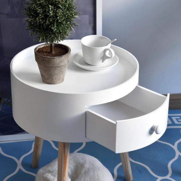 Mesa Apoio Redonda com 1 Gaveta Borda Elevada e 3 Pés de Madeira Estilo Moderno Ø38x45 cm Branco