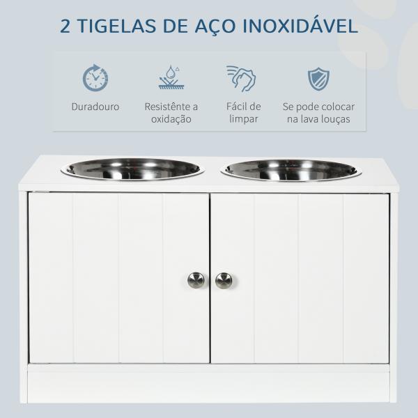 Comedouro Elevado para Cães Grandes com 2 Tigelas de 2000ml de Aço Inoxidável 2 Portas e Armazenamento 60x30x35,5cm Branco