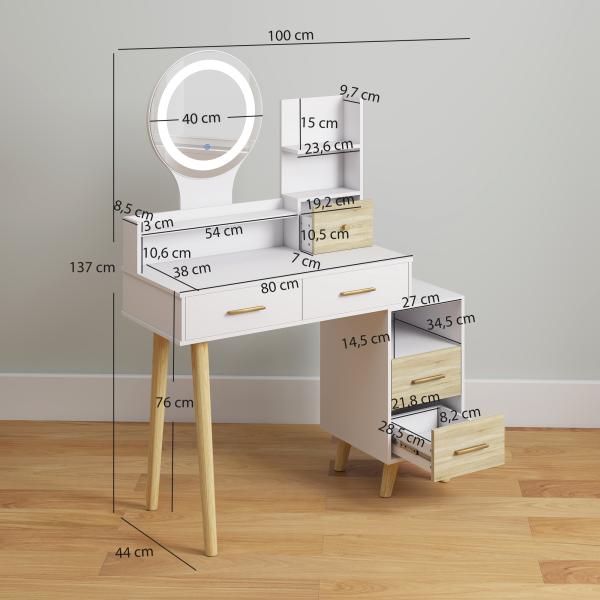 Toucador com Espelho e Luzes LED Ajustáveis 5 Gavetas 4 Compartimentos e 1 Prateleira 100x44x137 cm Branco e Madeira