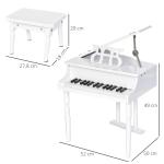 Piano de Cauda Infantil com 30 Teclas Banco Suporte de Partituras Piano para Crianças de MDF Instrumento Musical Educativo 52x50x49cm Branco