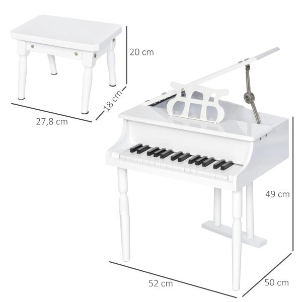Piano de Cauda Infantil com 30 Teclas Banco Suporte de Partituras Piano para Crianças de MDF Instrumento Musical Educativo 52x50x49cm Branco