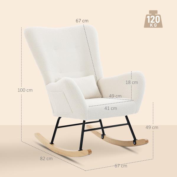 Poltrona Baloiço em Borrego Poltrona para Amamentação com Encosto Acolchoado Almofada e Base de Madeira de Borracha 67x82x100 cm Creme