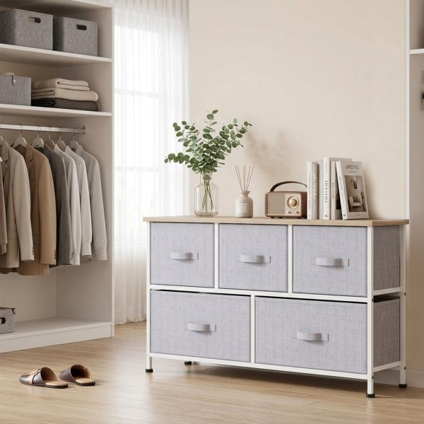 Cómoda com 5 Gavetas de Tecido Cómoda para Quarto Estrutura Metálica 100x30x54 cm Cinzento