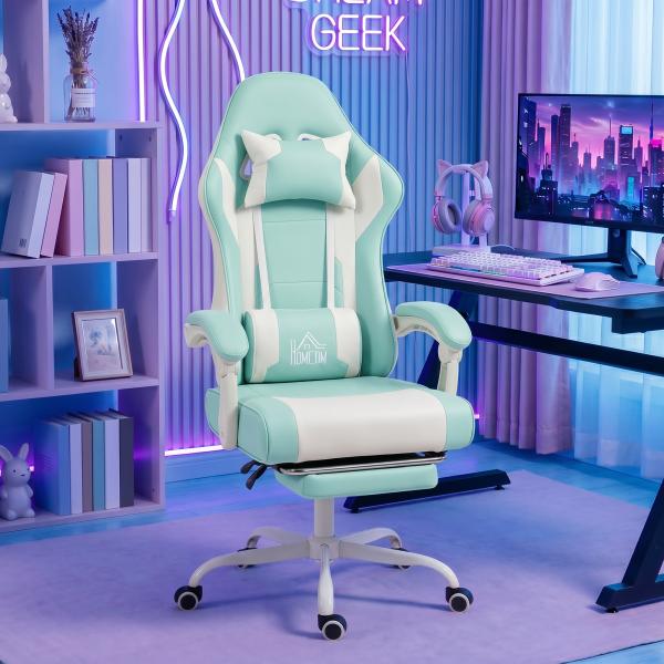 Cadeira Gaming Reclinável 155° com Suporte Lombar com Massagem Apoio de Cabeça e Apoio para os Pés 63x66x126 - 134 cm Azul Claro