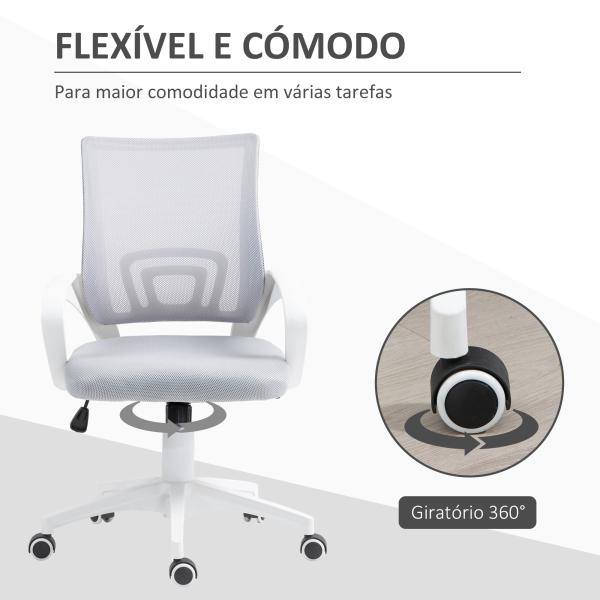 Cadeira de Escritório de Malha Giratória com Altura Ajustável Função Basculante e Apoio para os Braços 57x55x89 - 109 cm Cinza