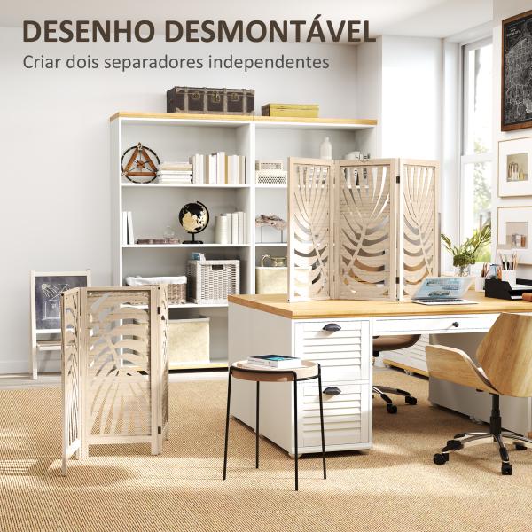 Biombo de 3 Painéis Separador de Ambientes Dobrável 120x170 cm com Estampado de Folhas de Palmeira Tropical Madeira