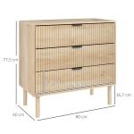 Cómoda com 3 Gavetas Cómoda Dormitório Estilo Nórdico com Painéis Ripados e Puxadores Metálicos 80x40x77,5 cm Madeira