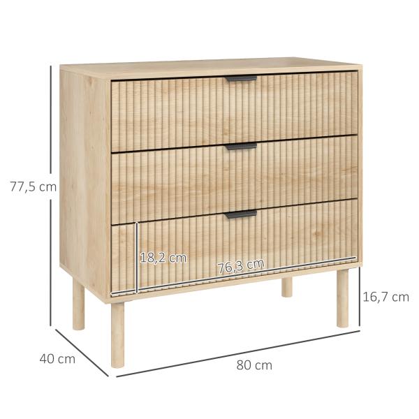 Cómoda com 3 Gavetas Cómoda Dormitório Estilo Nórdico com Painéis Ripados e Puxadores Metálicos 80x40x77,5 cm Madeira