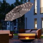 Chapéu de Sol para Terraço Exterior, Ø265 cm, Guarda - sol de Jardim com 32 Luzes LED Solares, Poste de Aço e Manivela Inclinável, para Pátio, Terraço, Cinzento