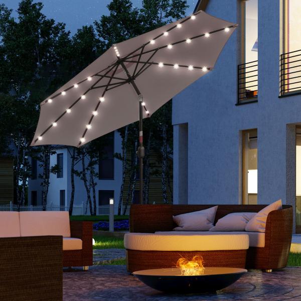 Chapéu de Sol para Terraço Exterior, Ø265 cm, Guarda - sol de Jardim com 32 Luzes LED Solares, Poste de Aço e Manivela Inclinável, para Pátio, Terraço, Cinzento